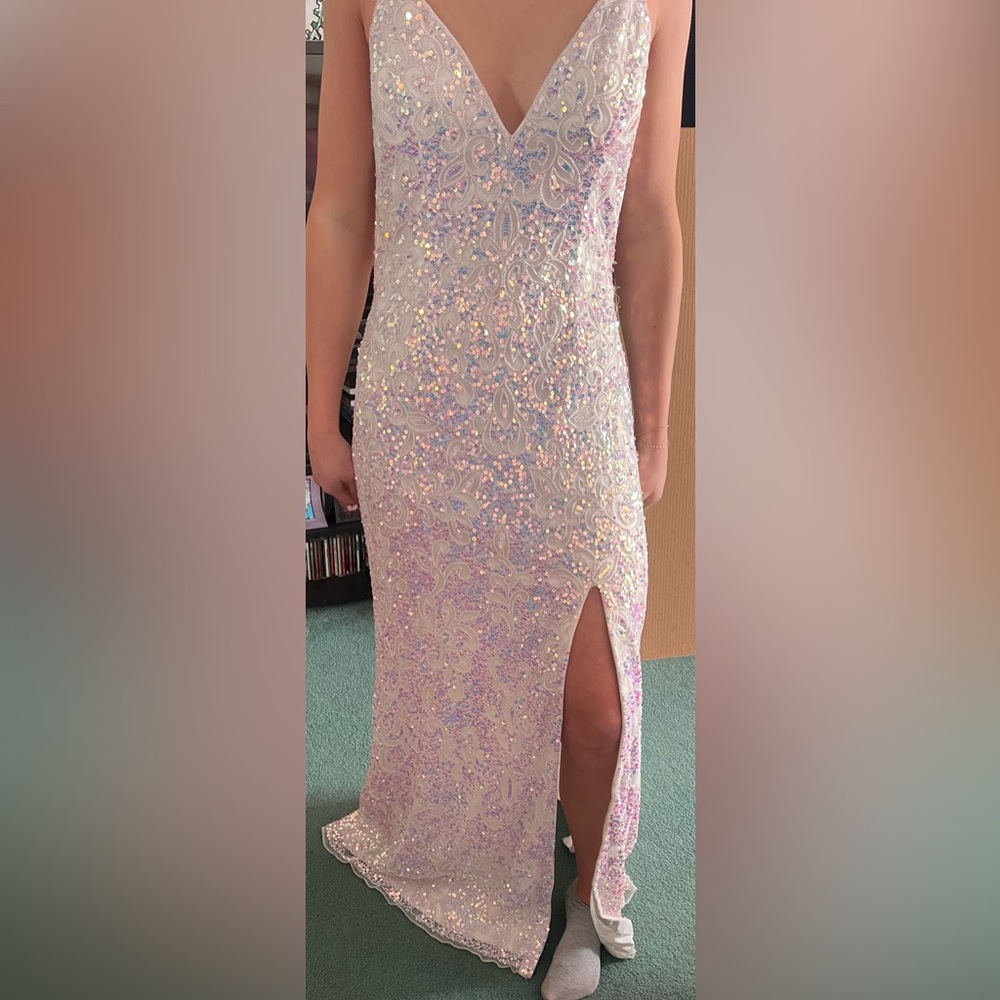 Primavera white iridescent prom dress